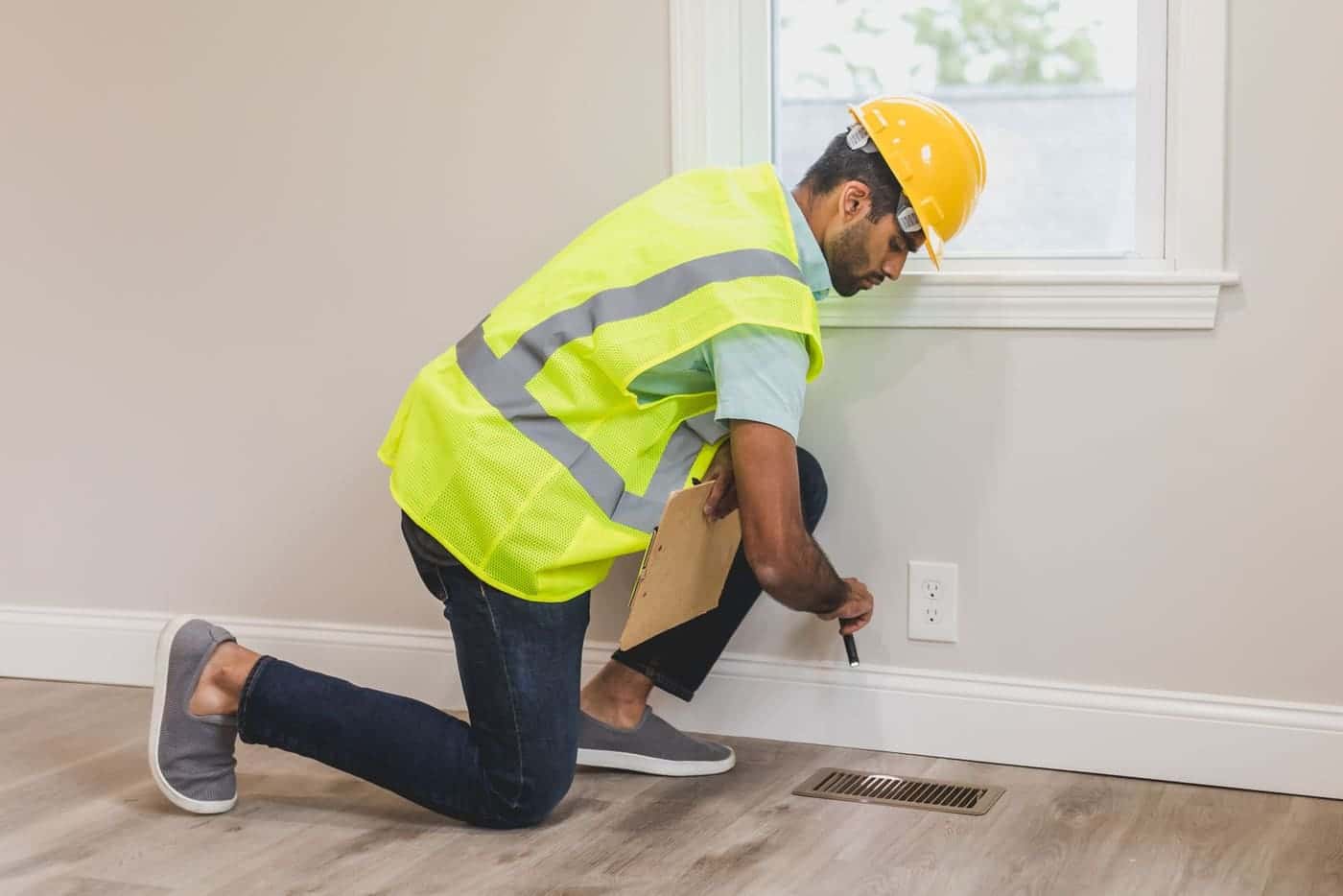 A technician in a hard hat and safety vest kneels to check the baseboard of an empty room