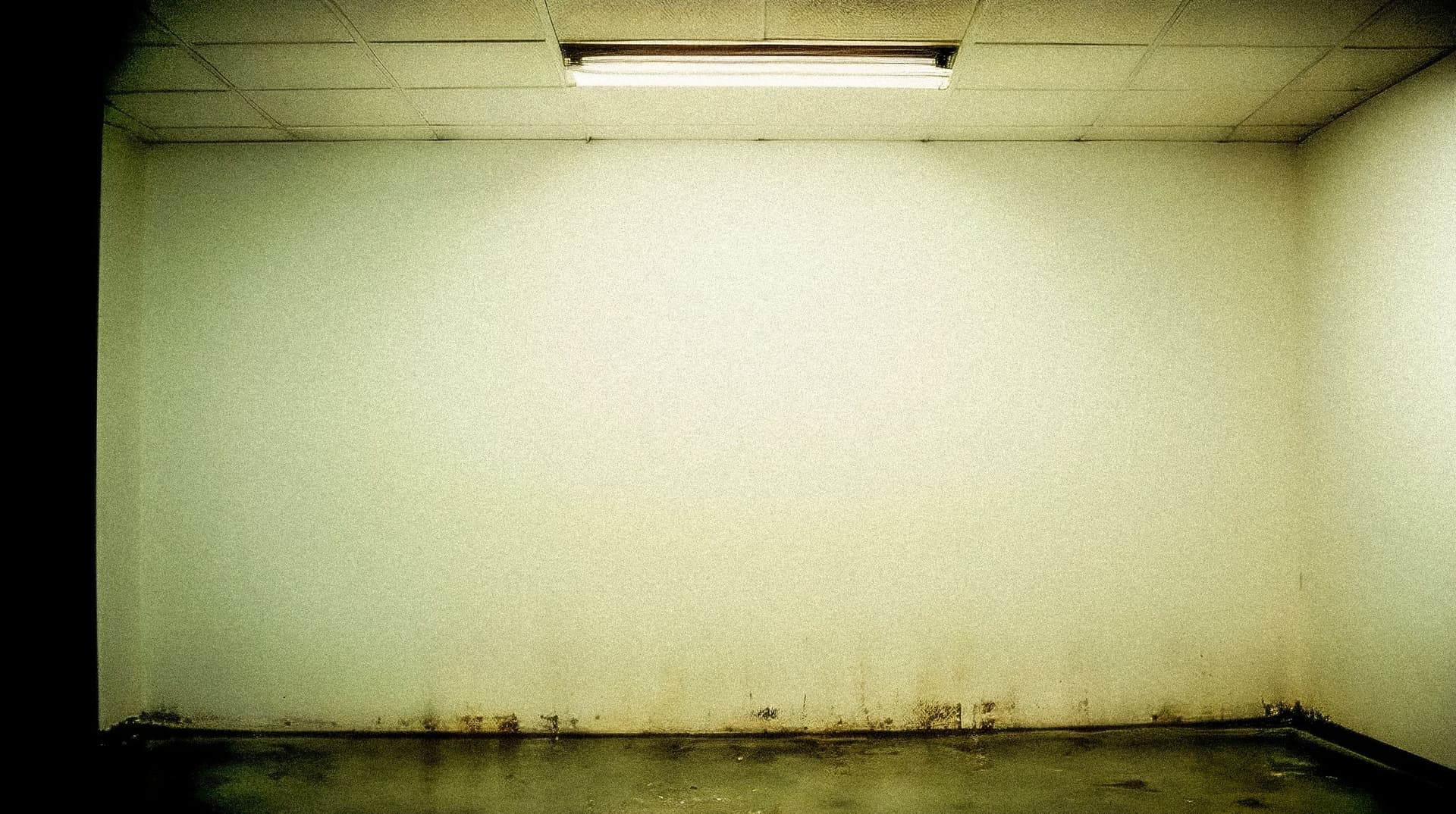 Room interior with water staining along the walls from a leak above