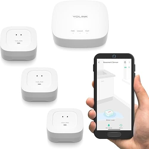 YoLink Water Leak Sensor 4 Kit (3 Sensors + Hub, 105 dB Alarm, Freeze Warning)