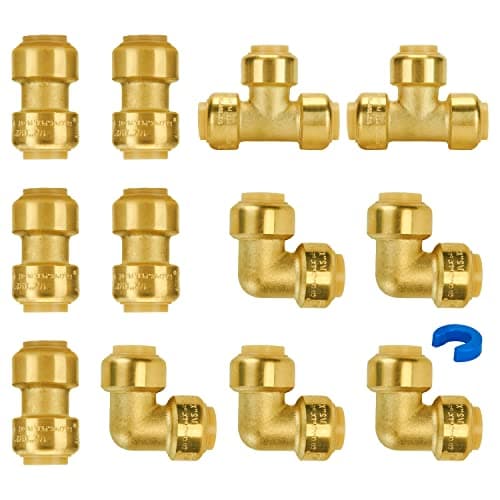 SUNGATOR 1/2 in Push-Fit Plumbing Fittings Set (5 Couplings, 5 Elbows, 2 Tees, Disconnect Clip, Brass)
