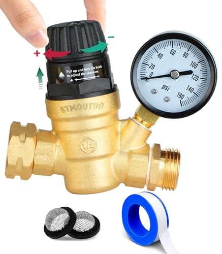 STMOUTUO RV Water Pressure Regulator with 0–160 psi Gauge (Hose Thread, Hand-Adjustable, Preset 45 psi)