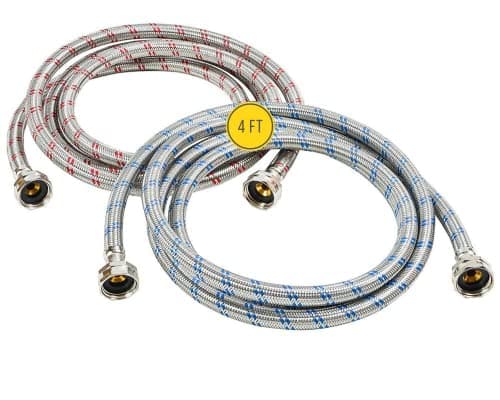 Hippohose 4 ft Braided Stainless Steel Washing Machine Hoses (1,500 psi Burst Rating, Octagon Nuts, 2-Pack)