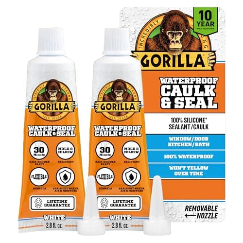 Gorilla 100% Silicone Caulk, 2.8 oz Squeeze Tube (White, 2-Pack, 10-Year Mold & Mildew Resistant)