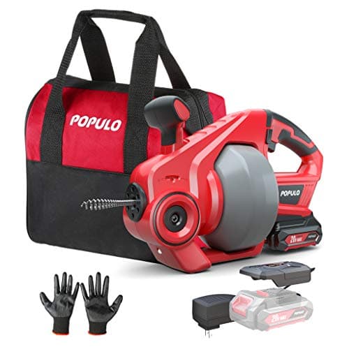 POPULO 20V Cordless Drain Auger (25 ft x 1/4 in Cable, Auto-Feed, for 3/4 to 2 in Drains)