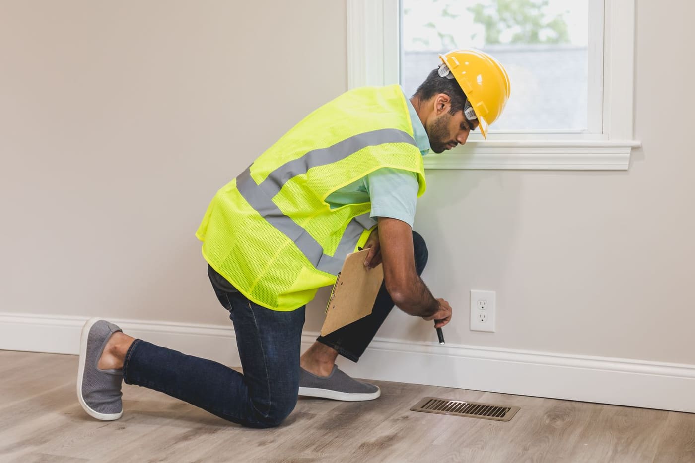 A technician in a hard hat and safety vest kneels to check the baseboard of an empty room