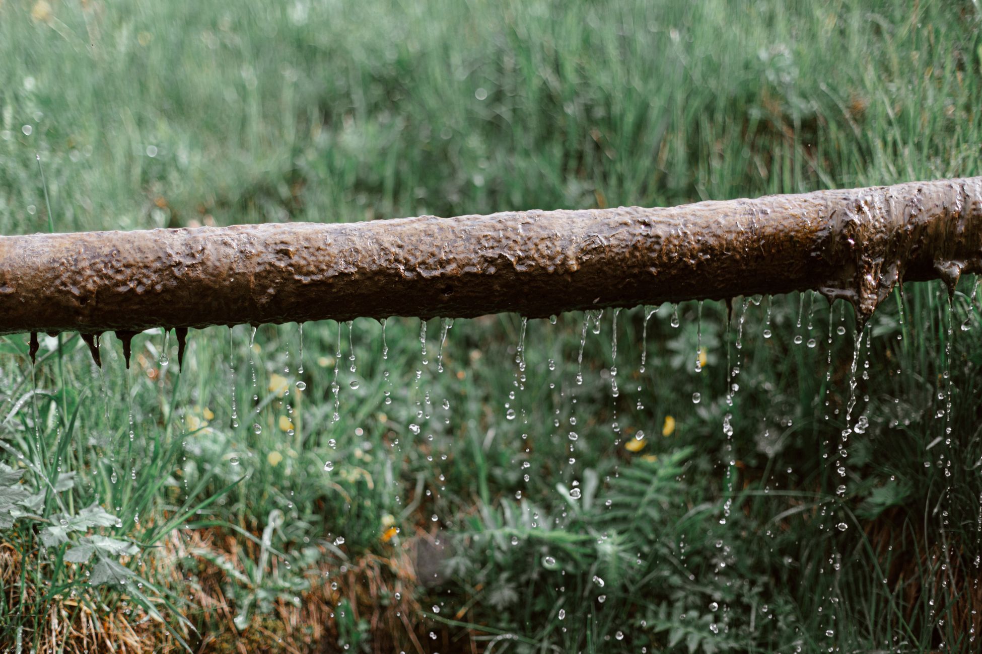 Burst copper water pipe spraying water