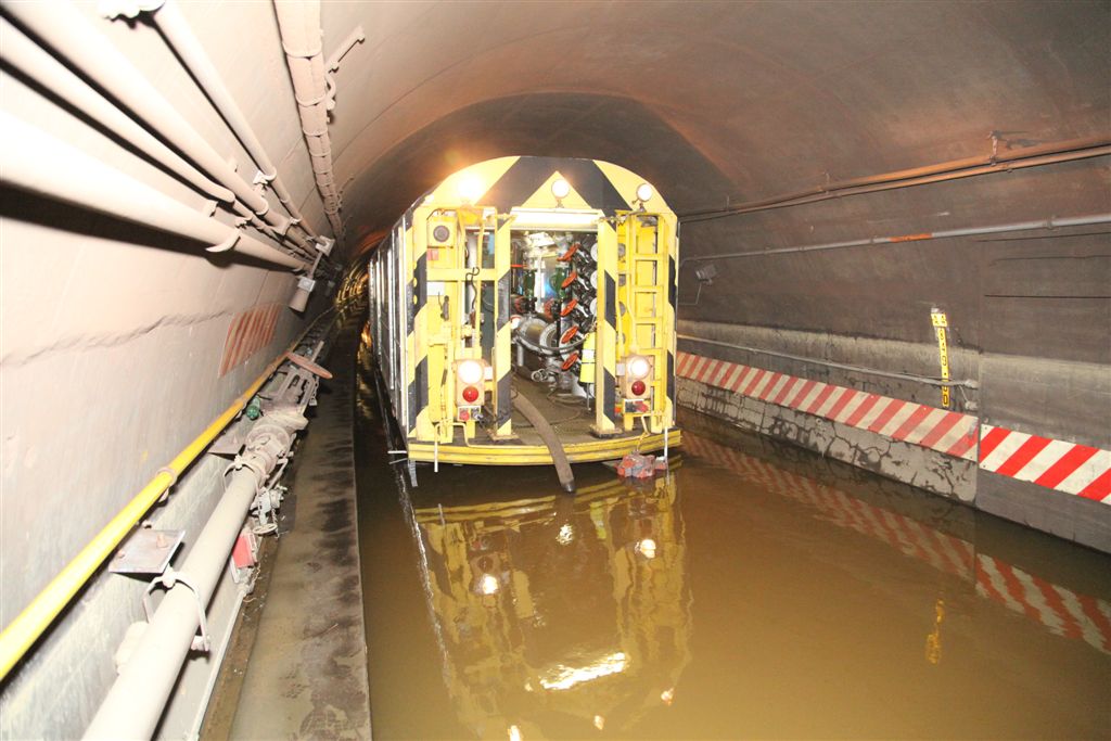 Industrial water extraction pumps removing floodwater from tunnel after Hurricane Sandy